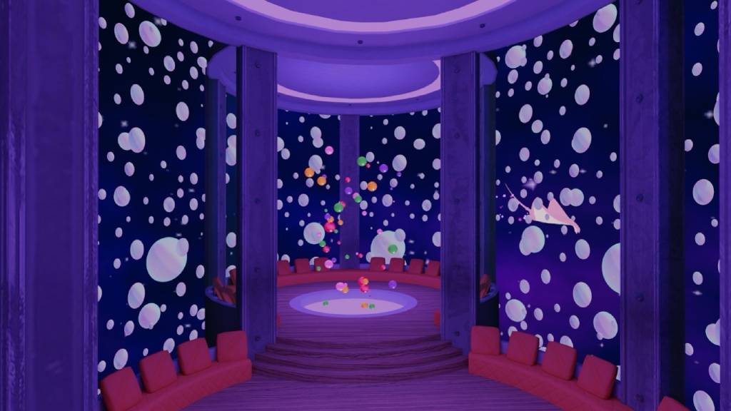 A circular room with purple walls and floating bubbles, surrounded by red seating